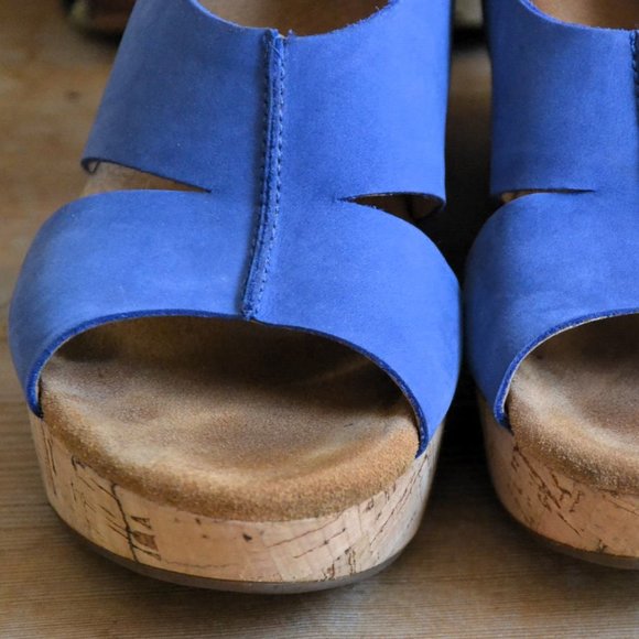 CLARKS Artisan Slingback Blue Leather Wedge Cork Platform Sandals 6.5 6 1/2 - Picture 4 of 8